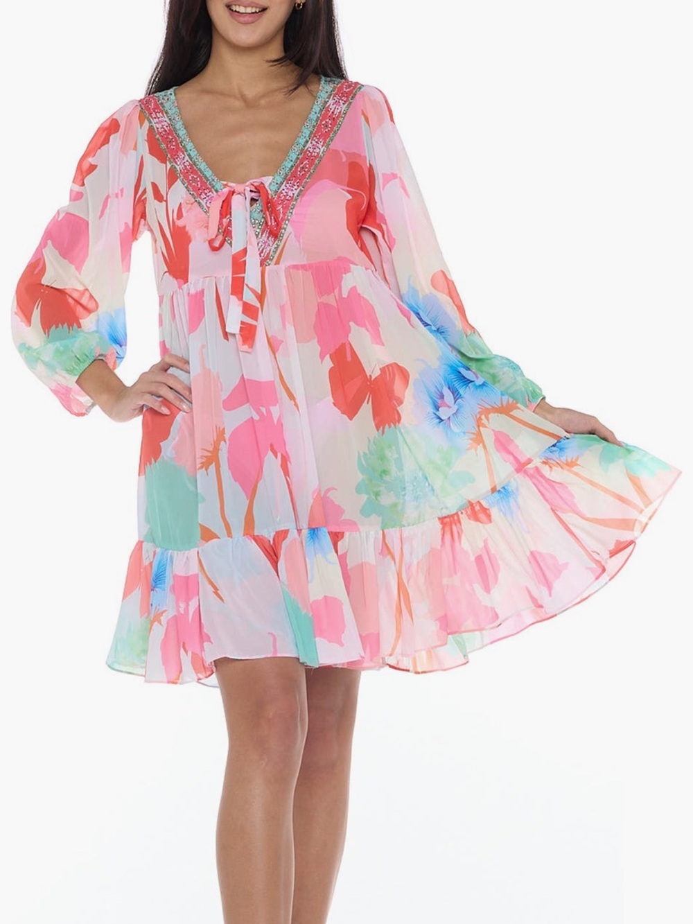 NWT Renees L/S Babydoll Swim Coverup Dress O/S Floral Z129